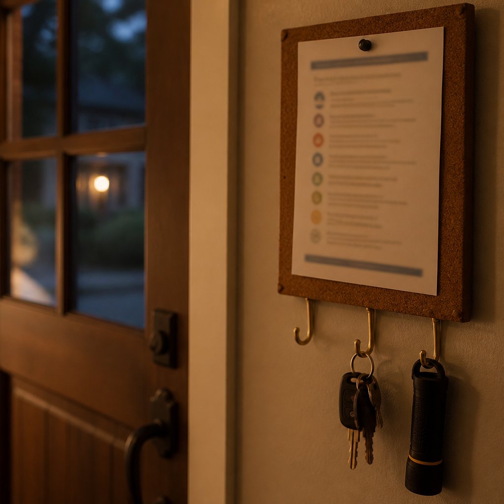 Nightly lockup checklist on a corkboard by the front door