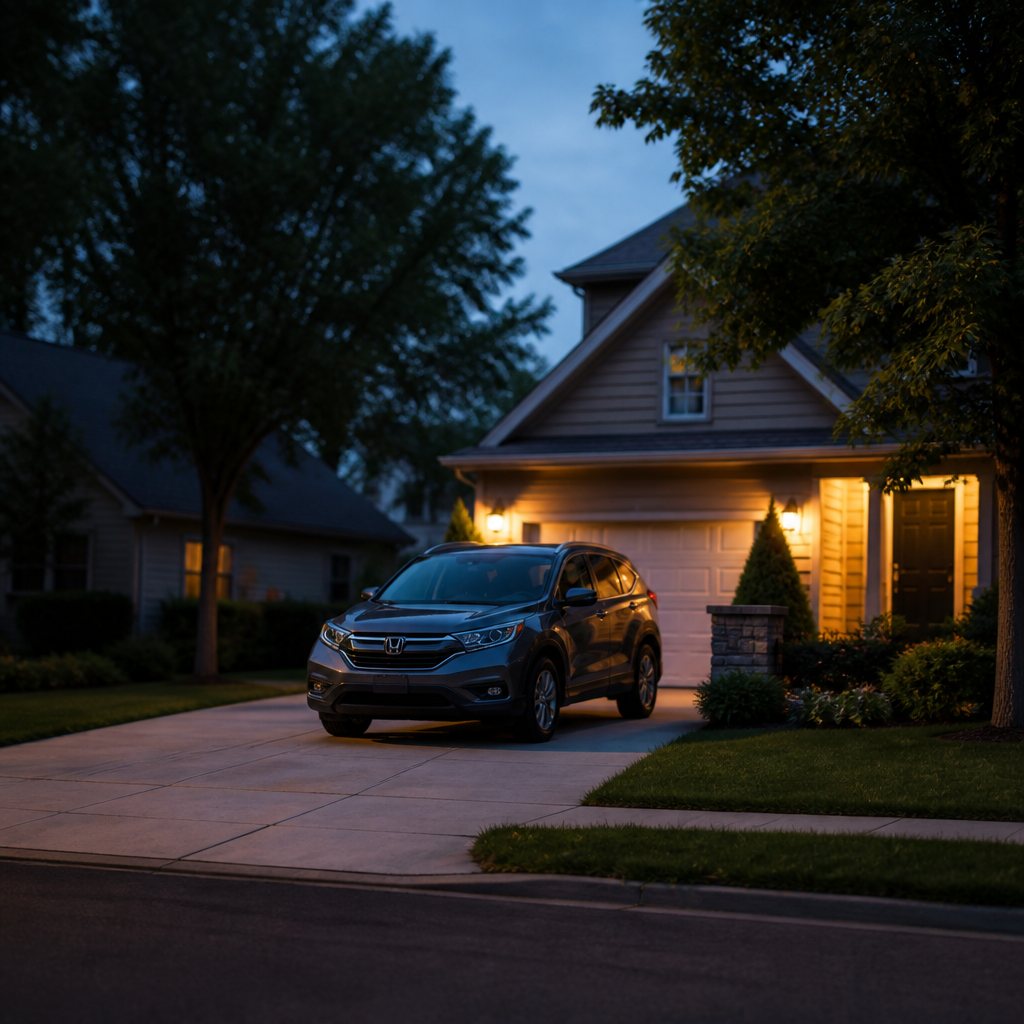 SUV parked nose-out in a driveway at dusk
