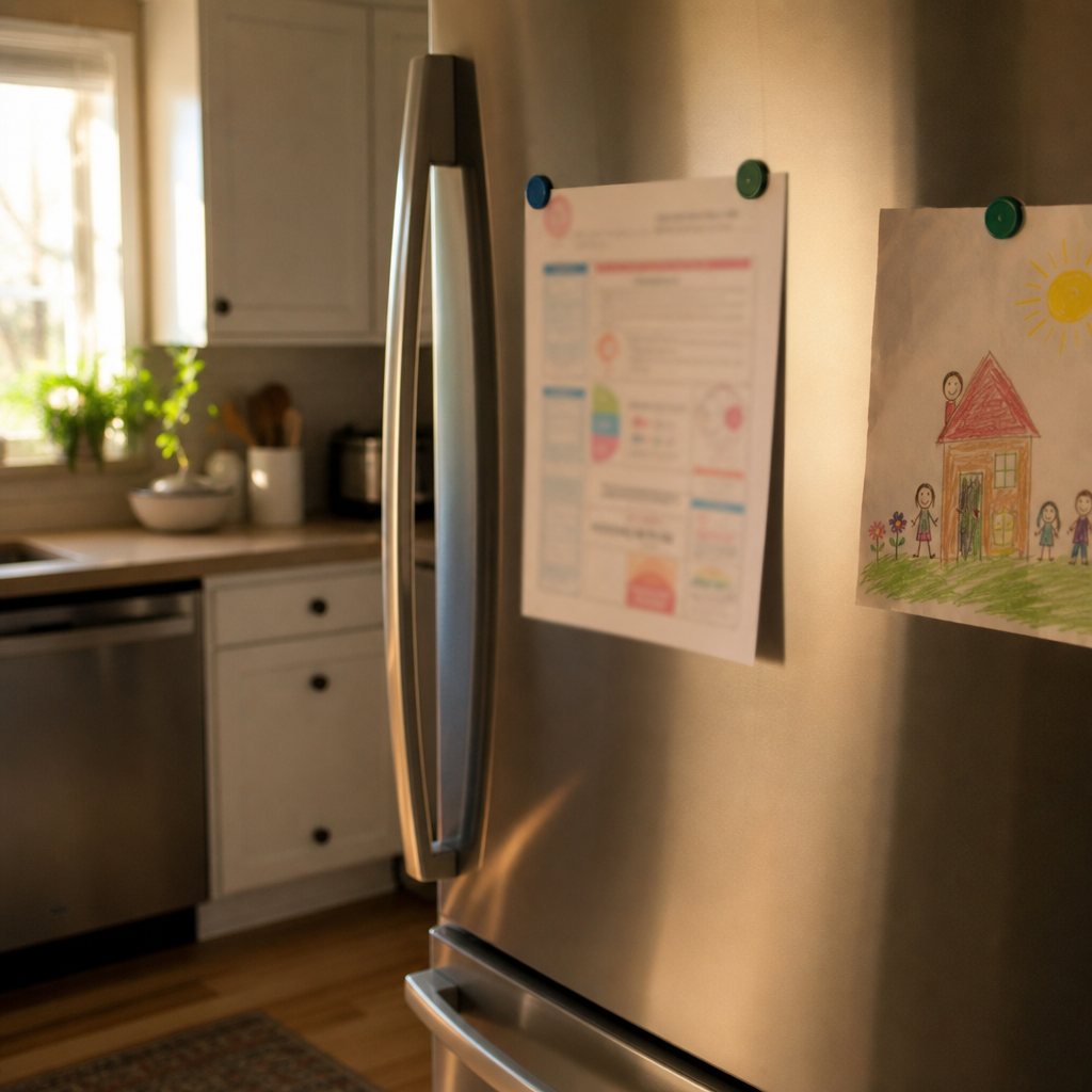 Family emergency plan sheet on a refrigerator