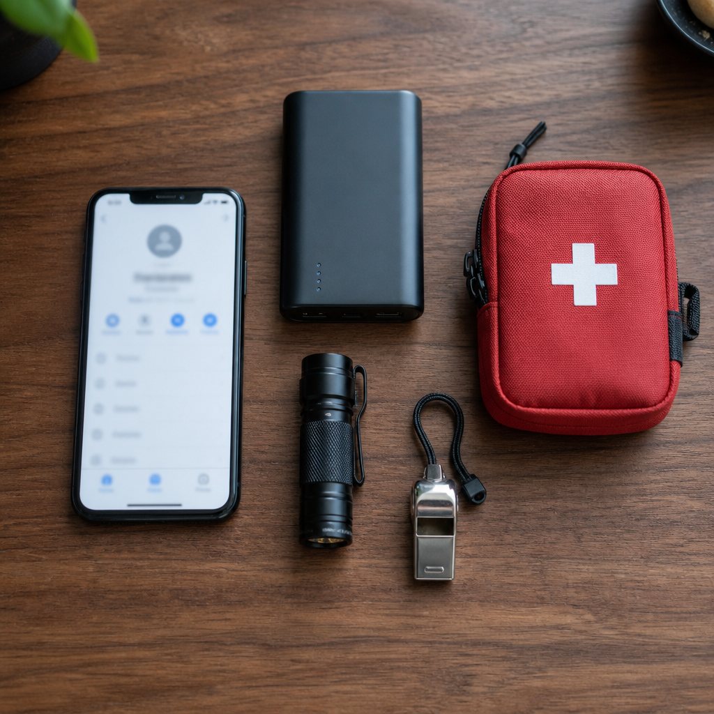 Phone, power bank, flashlight and first-aid pouch laid out on a table