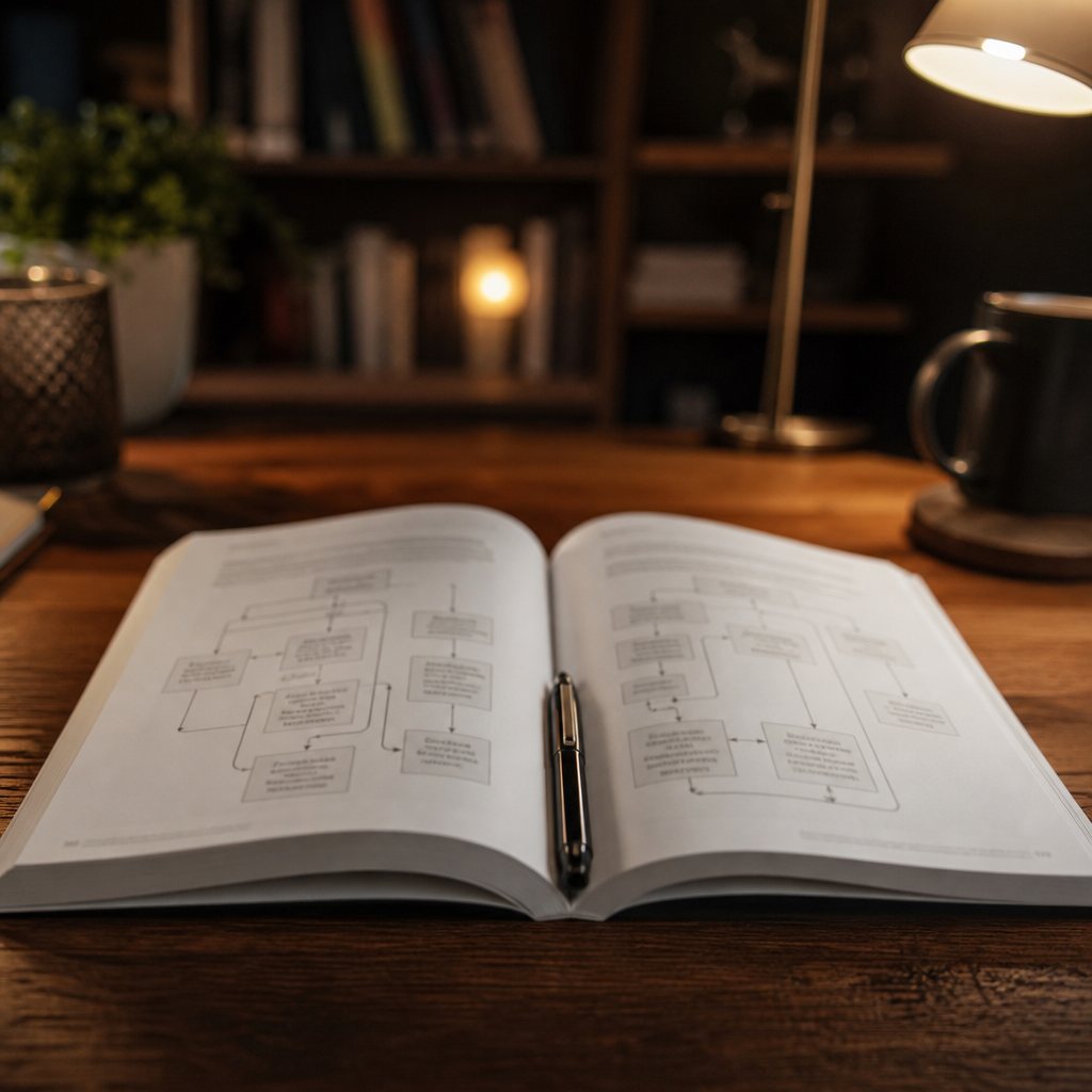 Open book showing a decision-flow diagram