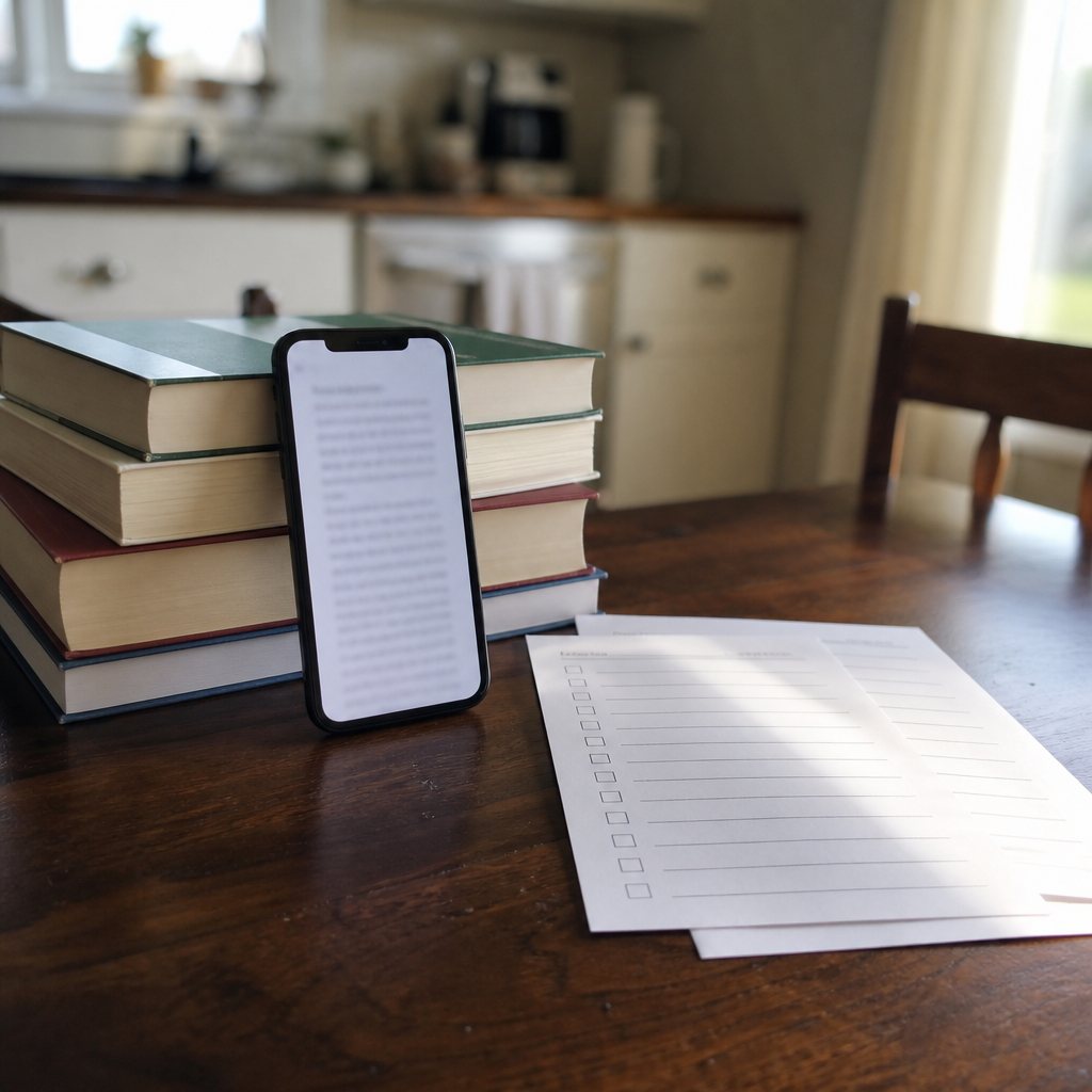 Book reading on a phone next to printed checklists