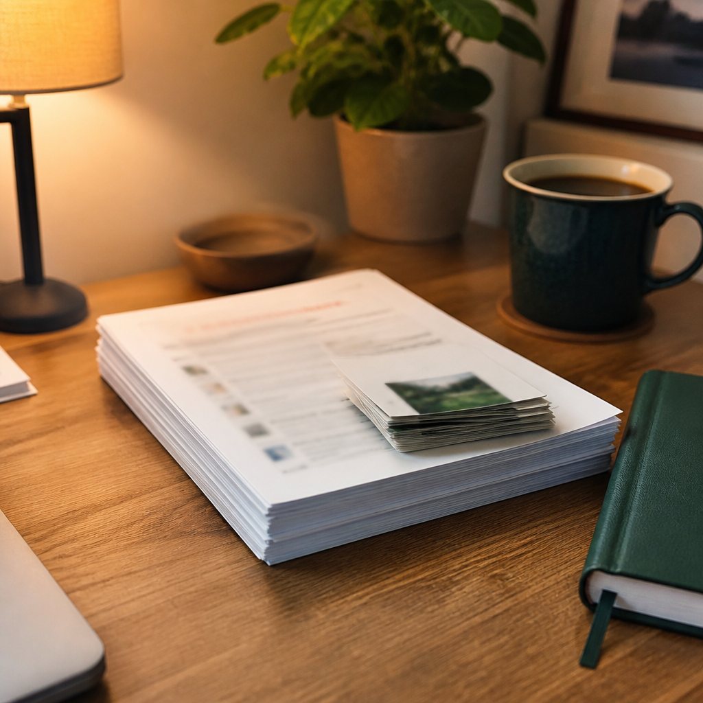Printed checklist cards next to the book