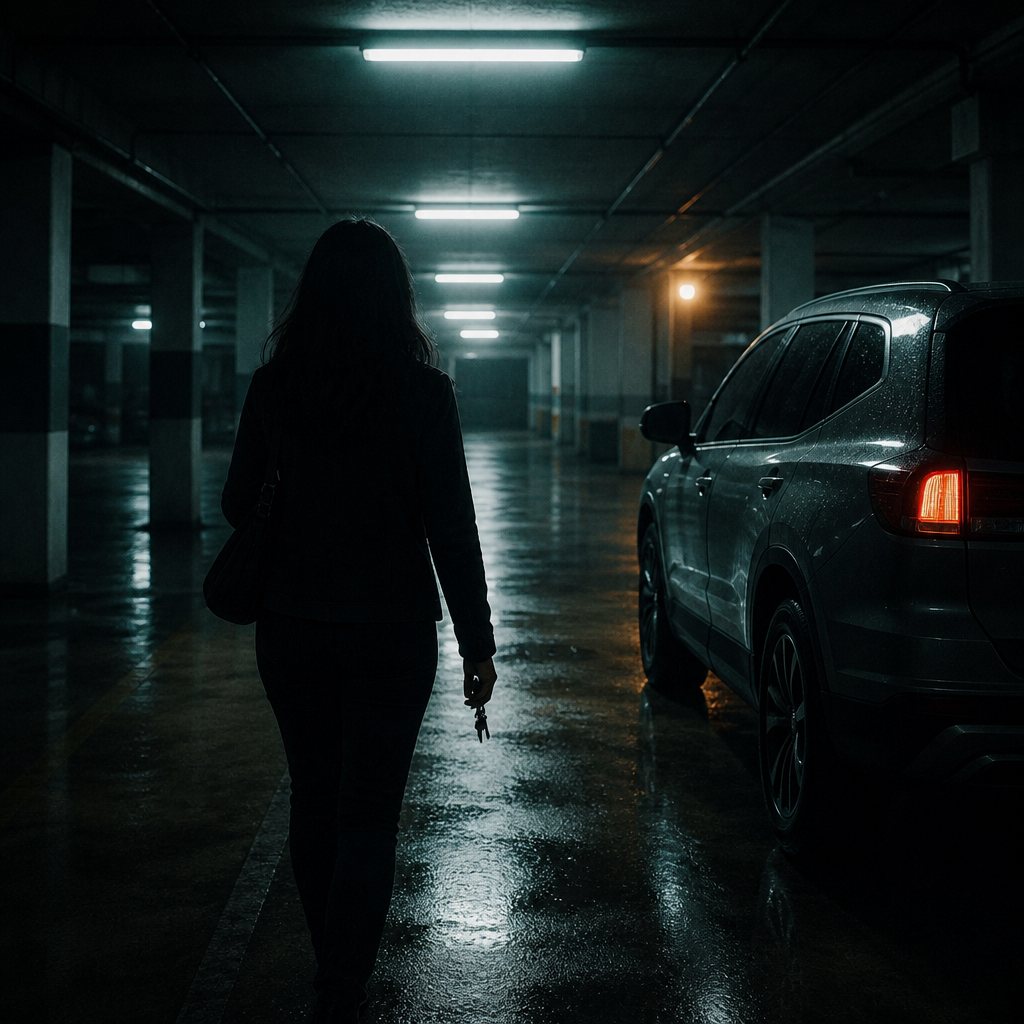 Woman walking through a dim parking garage toward her car at night
