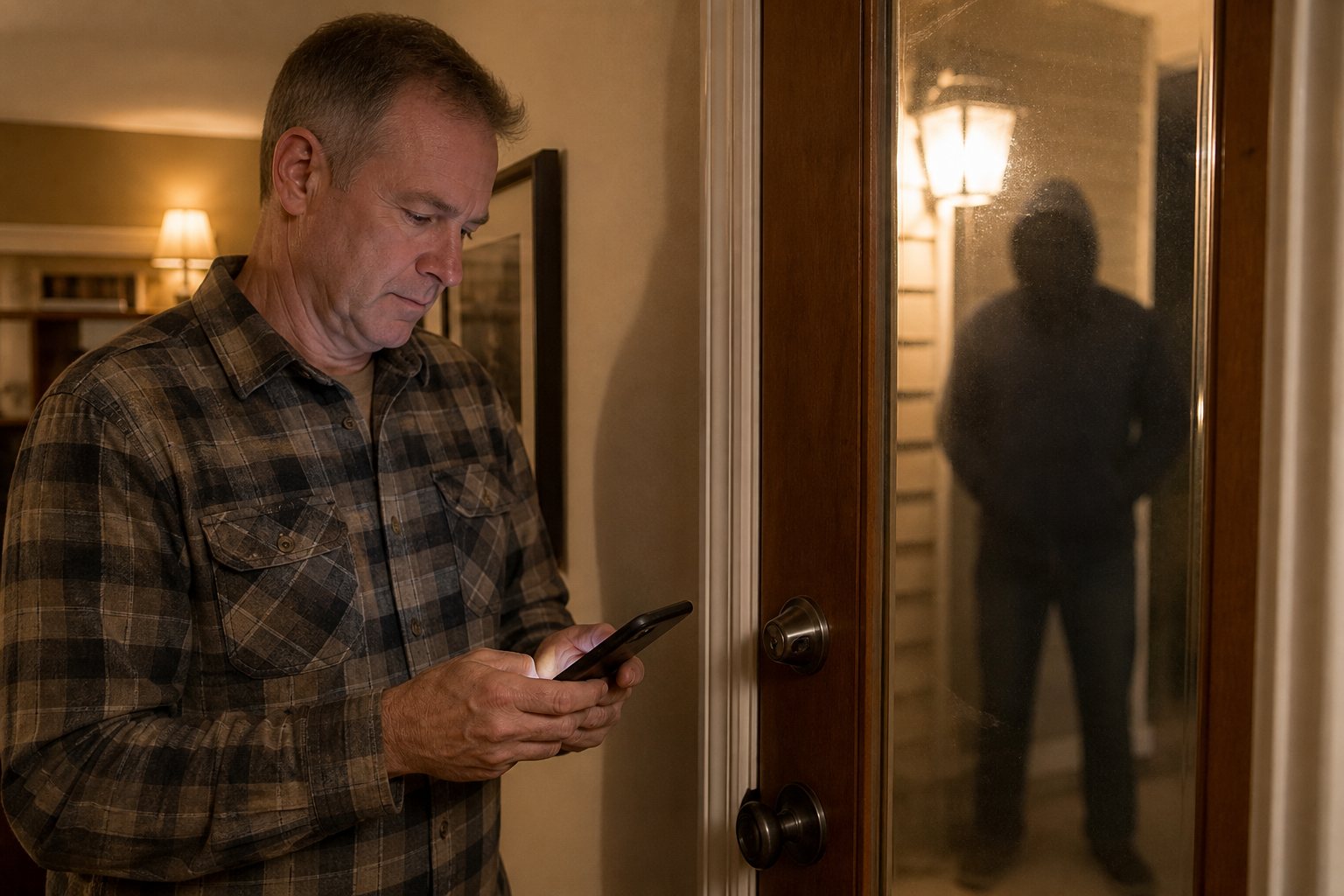Marcus at his locked front door at night, checking his phone while a silhouette waits outside