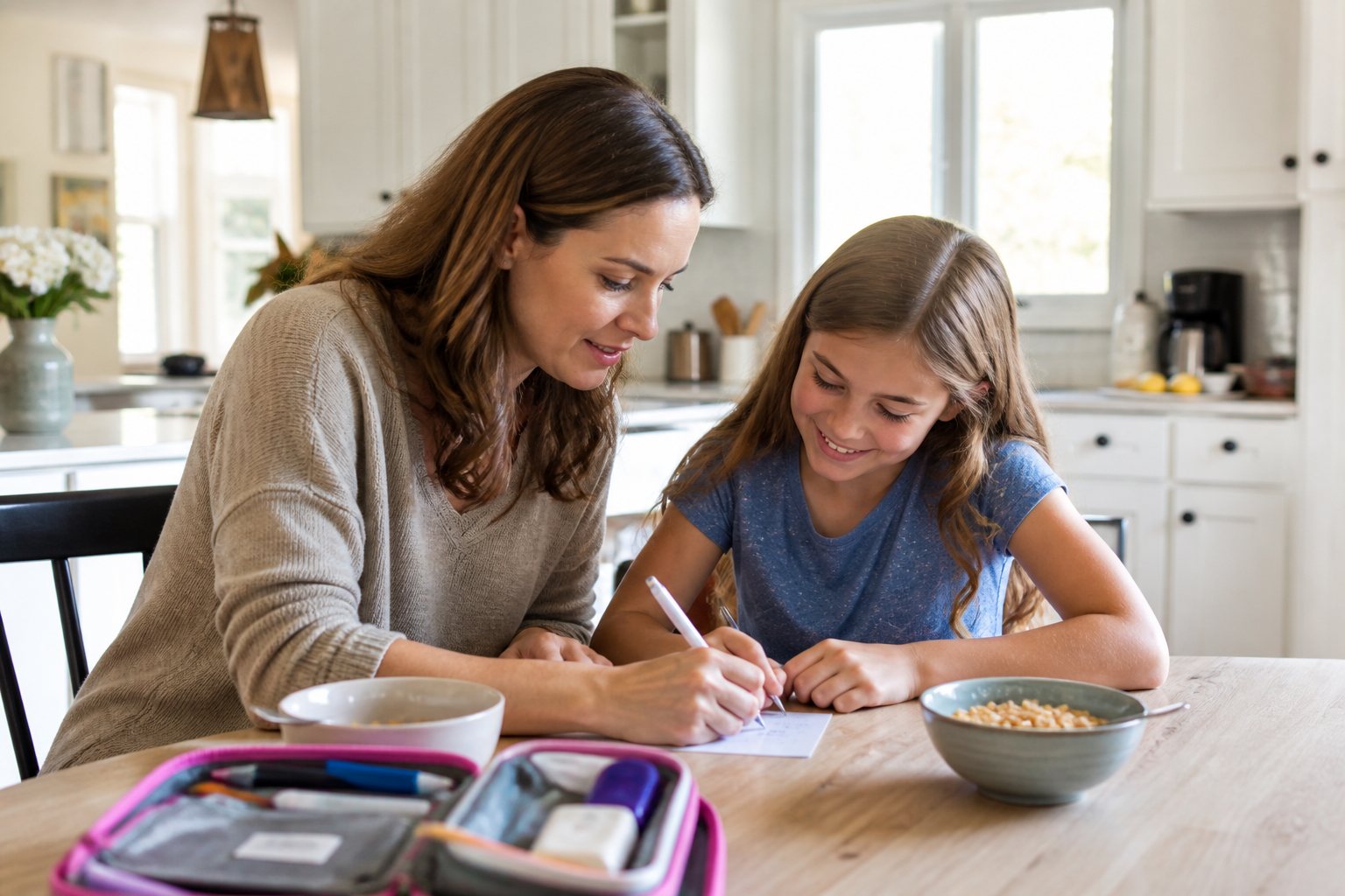 Sarah and her daughter making a family code word card at the kitchen table