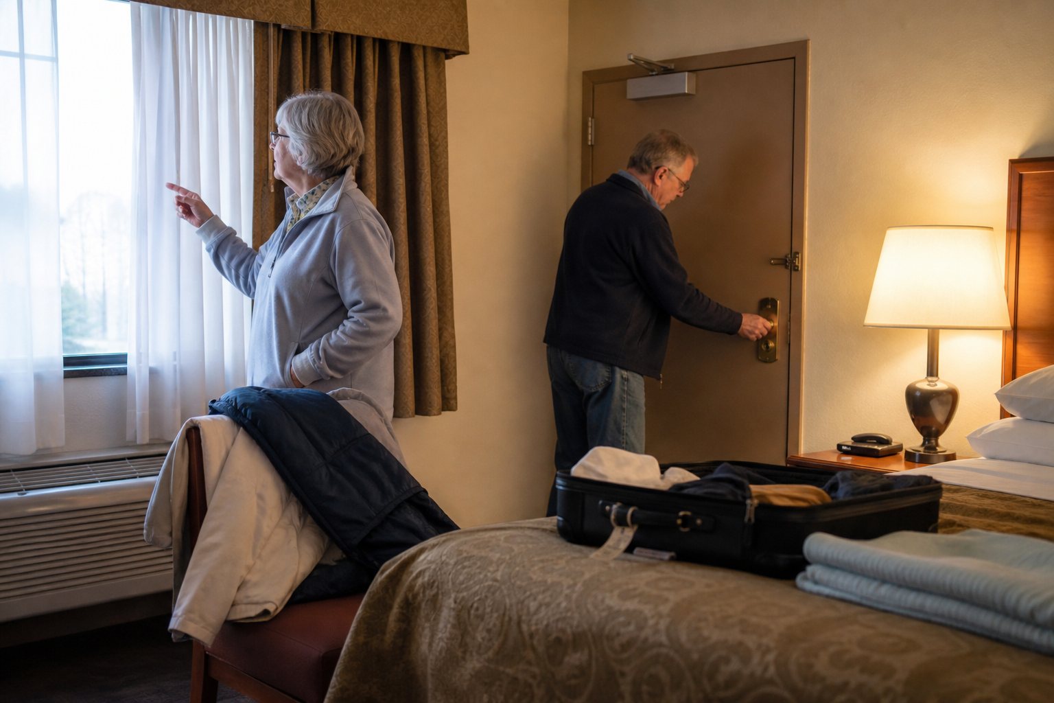 Retired couple checking the door and window of their hotel room