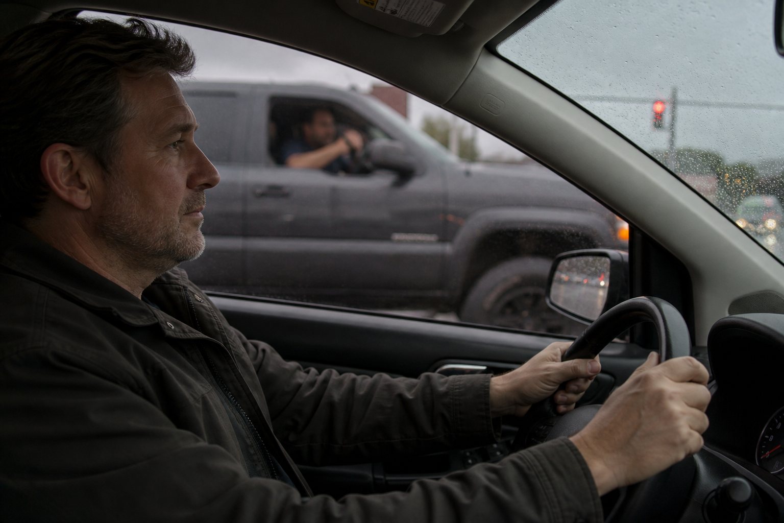 Mike calm at the wheel while an aggressive truck sits close beside him in the rain