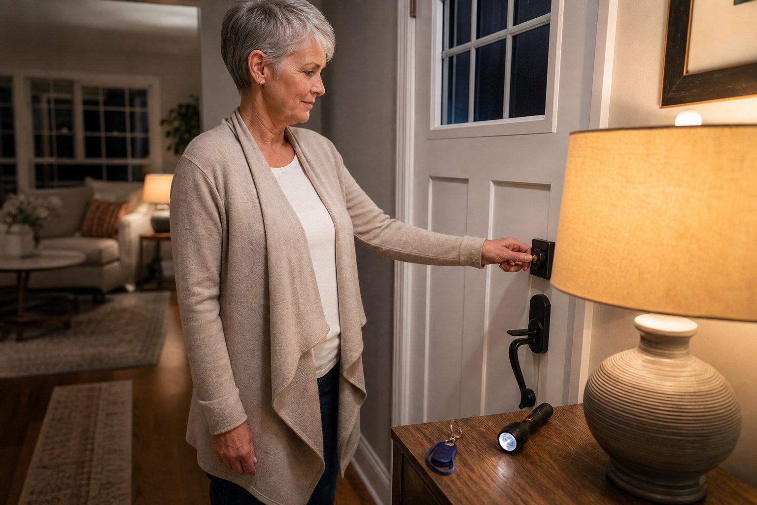Ellen testing her deadbolt at night with a flashlight and alarm on the table